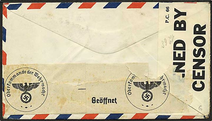 15 cents Luftpost (par) på luftpostbrev fra New York d. 6.2.1940 til Würtzburg, Tyskland. Åbnet af både tysk og britisk censur.