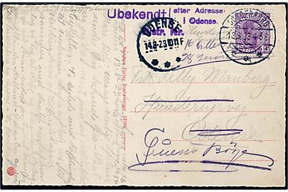15 øre Chr. X på brevkort fra Sønderborg d. 13.8.1923 til Odense. Omadresseret til Fruens Bøge med stempel Ubekendt efter Adresse i Odense.