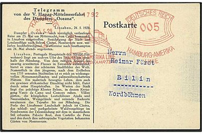 5 pfg. Firmafranko stemplet Rejsetelegram portkort Hamburg Amerika Linie / Nordlandfahrt/Hamburg d. 25.5.1929 til Bilin i Tjekkoslovakiet. Meddelelse fra S/S Oceania i Lissabon d. 24.5.1929.