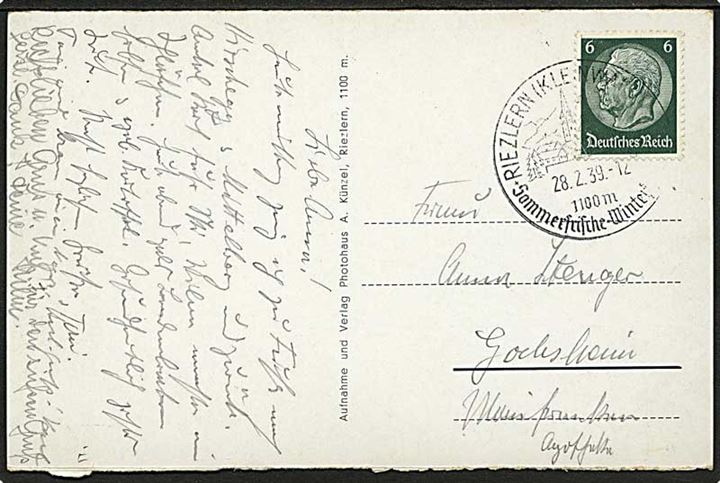 6 pfg. Hindenburg på brevkort fra Riezlern (Kleinwalderthal) d. 28.2.1939. Lille østrigsk enklave.