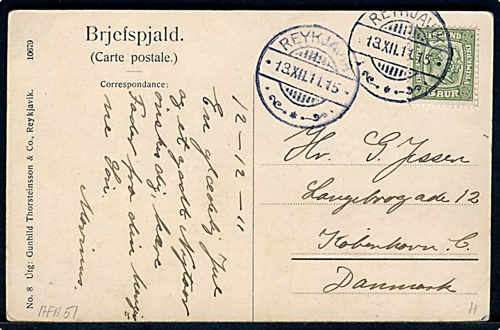Island, Kongebesøget 1908, Eyrbekkingatjaldið við Ölvesá. G. Thorsteinsson & Co. no. 8. Frankeret med 5 aur To Konger fra Reykjavik d. 13.12.1911 til København.