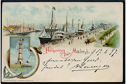 Malmö, Helsning från med havneparti og fyrtårn. J. Meisler u/no. Frankeret med 10 öre Oscar annulleret Fra Sverige M. og sidestemplet Kjøbenhavn d. 18.2.1898 til Tondern, Schleswig.