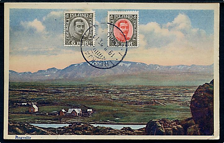 Thingvallir sletten. Frankeret med 4 aur og 6 aur Chr. X og sendt som tryksag fra Reykjavik 1935 til Kansas City, USA.