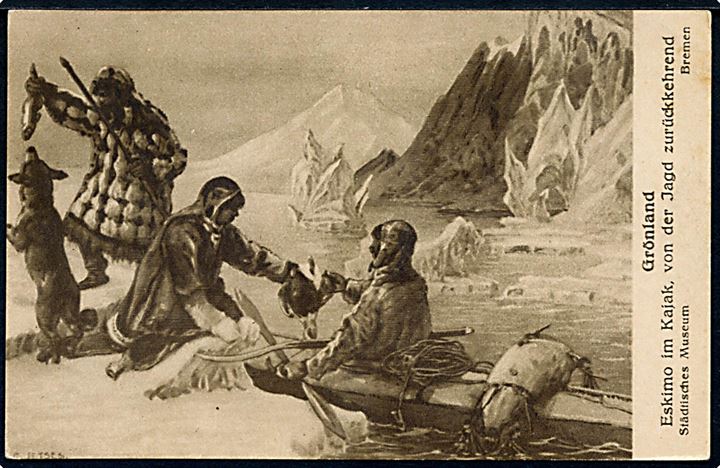 Grønland, eskimo i kajak vender hjem fra jagt. C. Schünemann u/no.