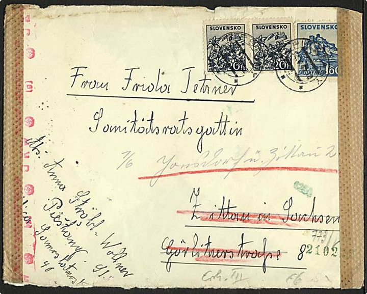 1,60 kc, 20 h. (2) på brev fra Piestany 1943 til Zittau, Tyskland. Åbnet af tysk censur.