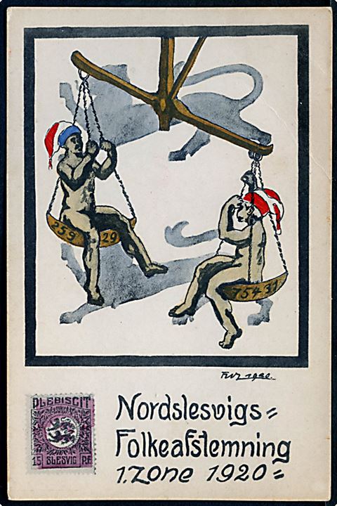 Genforening. Nordslesvigs Folkeafstemning 1. Zone 1920. Tegning med bl.a. Slesvig frimærker. No N41.