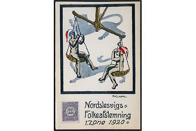 Genforening. Nordslesvigs Folkeafstemning 1. Zone 1920. Tegning med bl.a. Slesvig frimærker. No N41.