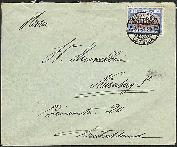 50 s. Uafhængighed 10 år single på brev fra Riga d. 31.6.1928 til Nürnberg, Tyskland.