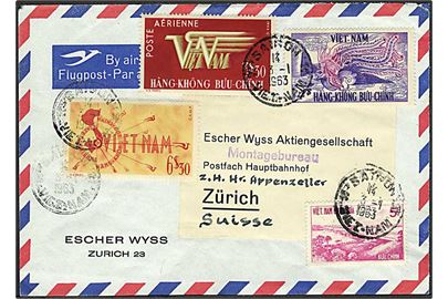 Sydvietnam. $10,35 blandingsfrankeret luftpostbrev fra Saigon d. 3.1.1963 til Zürich, Schweiz. 