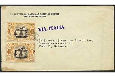 40 cts i parstykke på luftpostbrev fra Guayaquil ca. 1940 til Wien, Tyskland. Liniestempel VIA-ITALIA. Åbnet af tysk censur.