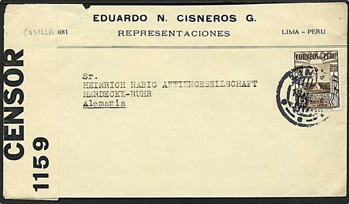 15 cts cingle på overfladebrev fra Lima d. 18.8.1940 til Herdecke, Tyskland. Åbnet af britisk censur PC66/1159.