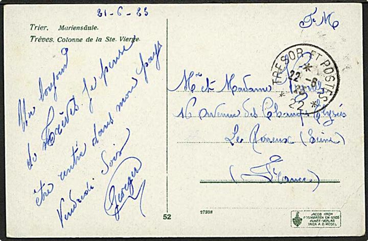 Ufrankeret fransk feltpostkort (Trier, Tyskland) stemplet Tresor et Postes *22* d. 22.6.1922 til Frankrig. 