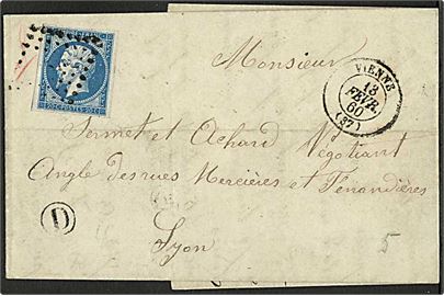 20 c. Napoleon III utakket på brev fra Vienne d. 13.2.1860 til Lyon.