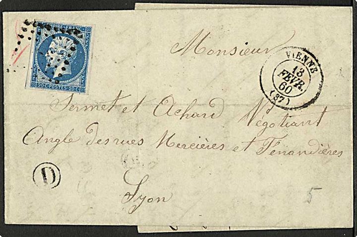 20 c. Napoleon III utakket på brev fra Vienne d. 13.2.1860 til Lyon.