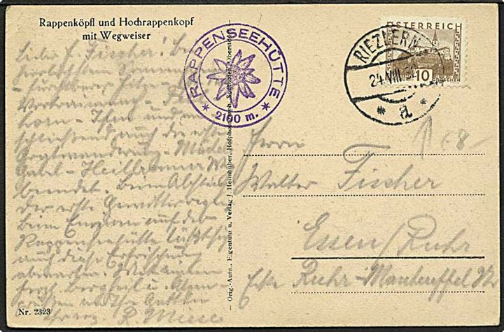 10 gr. på brevkort fra Riezlern d. 24.8.1932 til Essen, Tyskland. Fra den østrigske enklave Kleinwalsertal.