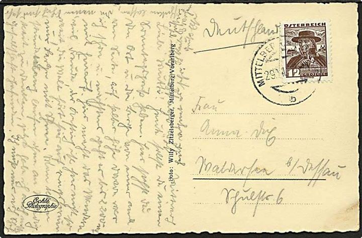 12 gr. på brevkort stemplet Mittelberg Vorarlberg d. 29.12.1936 til Tyskland. Fra den østrigske enklave Kleinwalserthal.