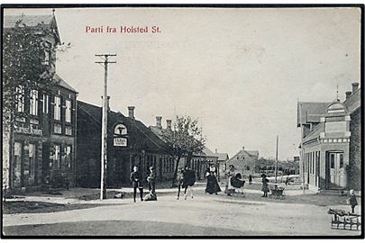 Holsted St., gadeparti med Smørhuset Kronborg og slagter. C.J.C. no. 131.