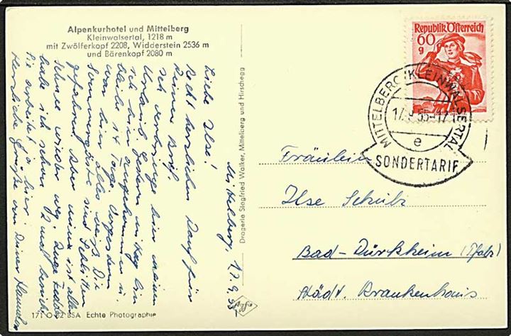 60 gr. på brevkort annulleret med særstempel Mittelberg / Kleinwalserthal / Sondertarif d. 17.9.1955 til Bad Dürkheim, Tyskland. Fra den østrigske enklave Kleinwalsertal.