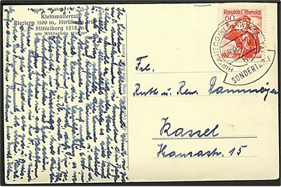 60 gr. på brevkort stemplet Hirschegg / Kleinwalsertal / Sondertarif d. 4.10.1952 til Kassel, Tyskland. Fra den østrigske enklave Kleinwalsertal.