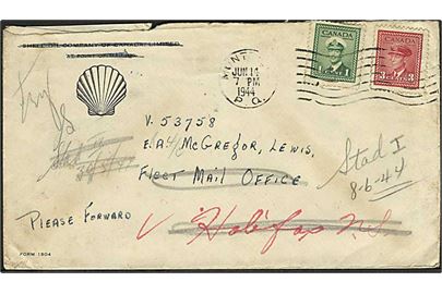 1 cent og 3 cent George VI på brev fra Montreal d. 14.6.1944 til marinesoldat via Fleet Mail Office. Eftersendt både til Halifax, Stad I og Stad II. Lidt nusset.