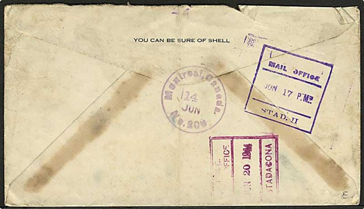 1 cent og 3 cent George VI på brev fra Montreal d. 14.6.1944 til marinesoldat via Fleet Mail Office. Eftersendt både til Halifax, Stad I og Stad II. Lidt nusset.