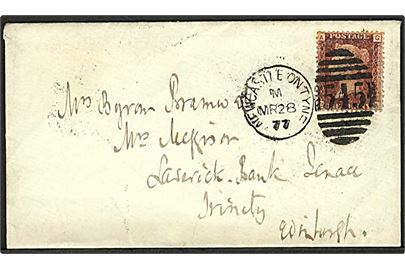 1d Victoria single på brev stemplet Newcastle on Tyne/545 d. 28.3.1877 til Edinburgh.