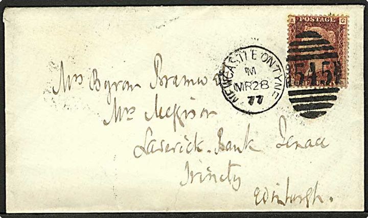 1d Victoria single på brev stemplet Newcastle on Tyne/545 d. 28.3.1877 til Edinburgh.