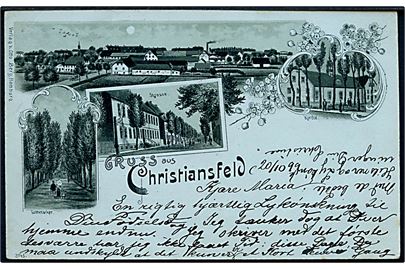Christiansfeld, Gruss aus med prospekter. O. Berg no. 3745. Frankeret med 10 pfg. Adler stemplet Christiansfeld d. 21.10.1899 til Norge.