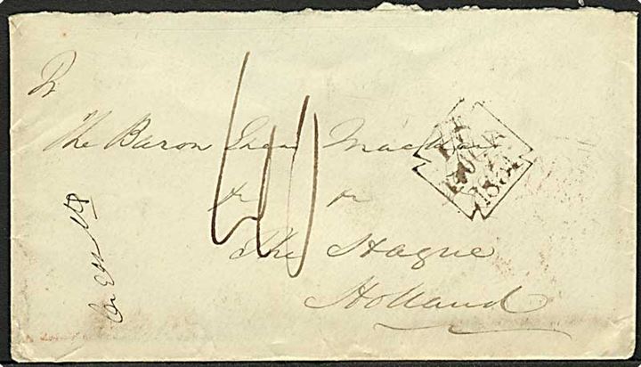 1854. Lille portobrev fra London d. 14.10.1854 til Haag, Holland. På bagsiden stemplet s'Gravenhage d. 16.10.1854. Bagklap mangler.