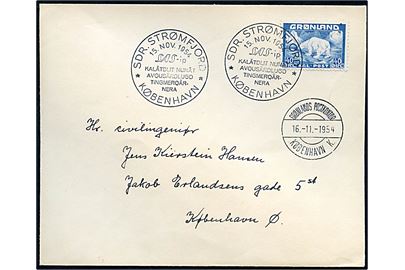 40 øre Isbjørn SAS flyvningskuvert annulleret med særstempel i Sdr-Strømfjord d. 15.11.1954 via Grønlands Postkontor København K. d. 16.11.1954 til København.