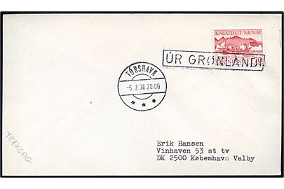 70 øre Konebåd på filatelistisk tryksag annulleret med færøsk skibsstempel úr Grønlandi og sidestemplet Tórshavn d. 5.7.1978 til København.