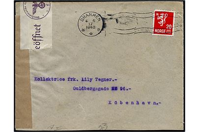 20 øre Løve på brev fra Drammen d. 6.6.1940 til København, Danmark. Åbnet af tidlig tysk censur i Oslo med stempel Åpnet ved tysk censur og ved den tyske censur i Hamburg.