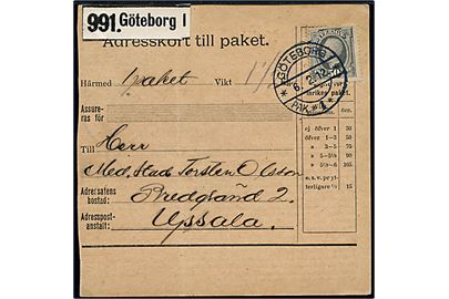 50 öre Oscar II single på adressekort for pakke fra Göteborg d. 6.2.1912 til Upsala.