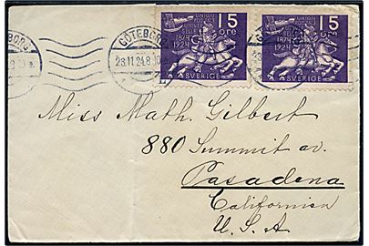 15 öre UPU 50 år (2) på brev fra Göteborg d. 23.11.1924 til Pasadena, USA. Lodret fold.