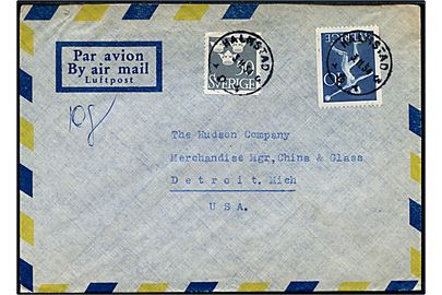 40 öre Rigsidrætsforbund og 50 öre Tre Kroner på Luftpostbrev fra Halmstad d. 3.11.1954 til Detroit, USA.