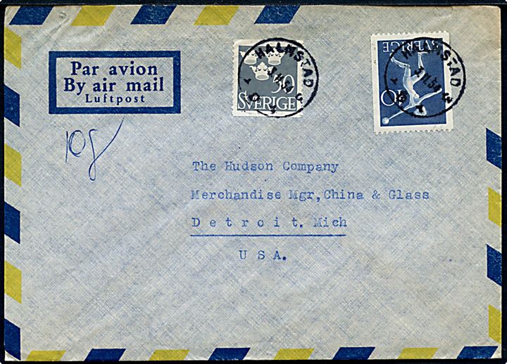 40 öre Rigsidrætsforbund og 50 öre Tre Kroner på Luftpostbrev fra Halmstad d. 3.11.1954 til Detroit, USA.