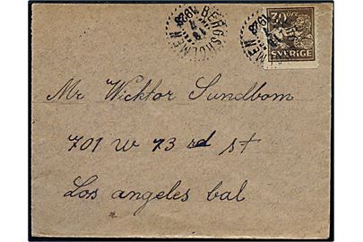 30 öre Løve single på brev fra Bergsholmen d. 18.7.1928 til Los Angeles, USA.