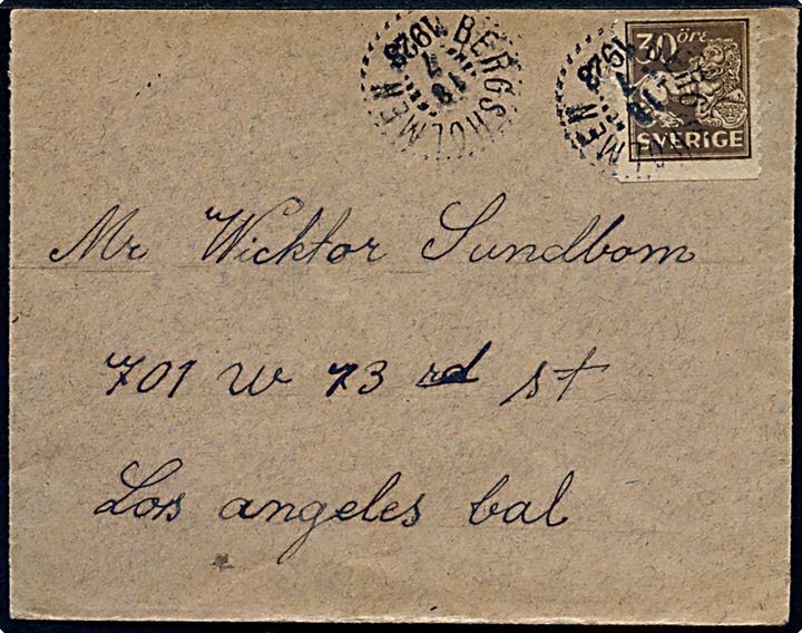 30 öre Løve single på brev fra Bergsholmen d. 18.7.1928 til Los Angeles, USA.