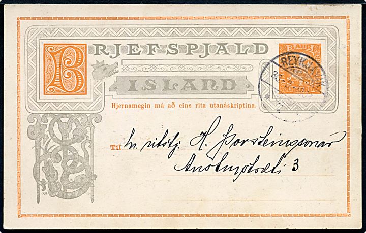3 aur Chr. IX helsagsbrevkort med fortrykt meddelelse sendt lokalt i Reykjavik d. 30.3.1906.