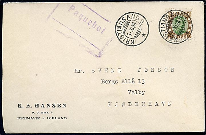 25 aur Chr. X single på skibsbrev fra Reykjavik annulleret med norsk stempel i Kristiansand S. d. 5.11.1928 og sidestemplet violet Paquebot til København, Danmark.