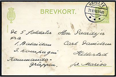 15 øre Chr. X helsagsbrevkort (fabr. 165) sendt fra soldater annulleret med brotype Id stempel Høvelte d. 31.8.1948 til Hillested pr. Maribo. På bagsiden tak til kvartervært for god forplejning. 