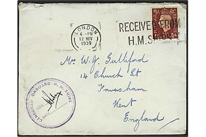 1½d George VI på flådepostbrev stemplet London / Received from H.M.Ships d. 12.11.1939 til Kent. Censurstempel: Censored onboard H.M.Ships. 