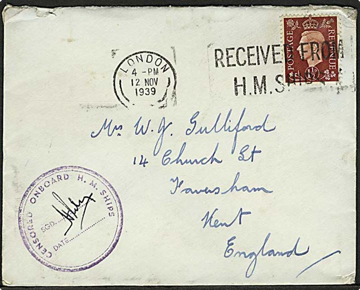 1½d George VI på flådepostbrev stemplet London / Received from H.M.Ships d. 12.11.1939 til Kent. Censurstempel: Censored onboard H.M.Ships. 