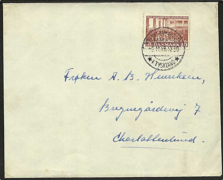 20 øre Grundloven på brev stemplet Det danske Kommando i Tyskland d. 3.11.1949 til Charlottenlund.