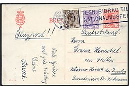 10+15 øre provisorisk helsagsbrevkort (fabr. 57-H) opfrankeret med 20 øre Chr. X (defekt) og sendt som luftpost fra København d. 30.5.1925 til Dresden, Tyskland. 
