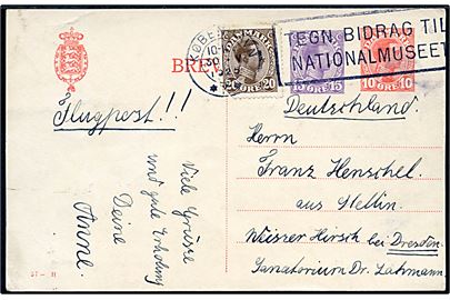 10+15 øre provisorisk helsagsbrevkort (fabr. 57-H) opfrankeret med 20 øre Chr. X (defekt) og sendt som luftpost fra København d. 30.5.1925 til Dresden, Tyskland. 