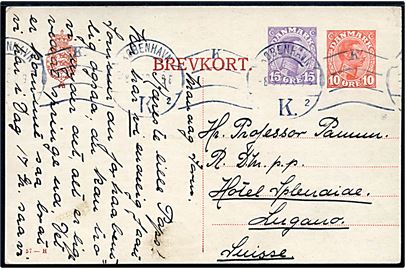 10+15 øre provisorisk helsagsbrevkort (fabr. 57-H) fra København d. 8.5.1922 til Lugano, Schweiz.