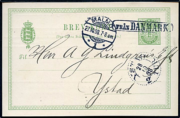 5 øre Våben helsagsbrevkort fra København annulleret med skibsstempel Från Danmark og sidestemplet Malmö d. 27.10.1898 til Ystad, Sverige.