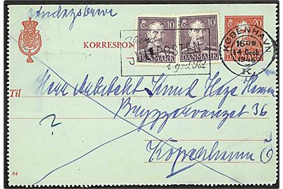 20 øre Chr. X helsagskorrespondancekort (fabr. 84) opfrankeret med 10 øre Chr. X (2) og sendt som lokalt søndagsbrev i København d. 14.12.1946.