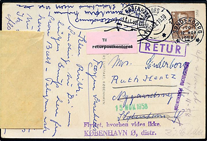 20 øre Fr. IX på brevkort (Storebæltsfærgen Halskov) fra Sønderborg d. 12.11.1958 til København. Returneret via Returpostkontoret med etiket P.4007 (6-51 A7).